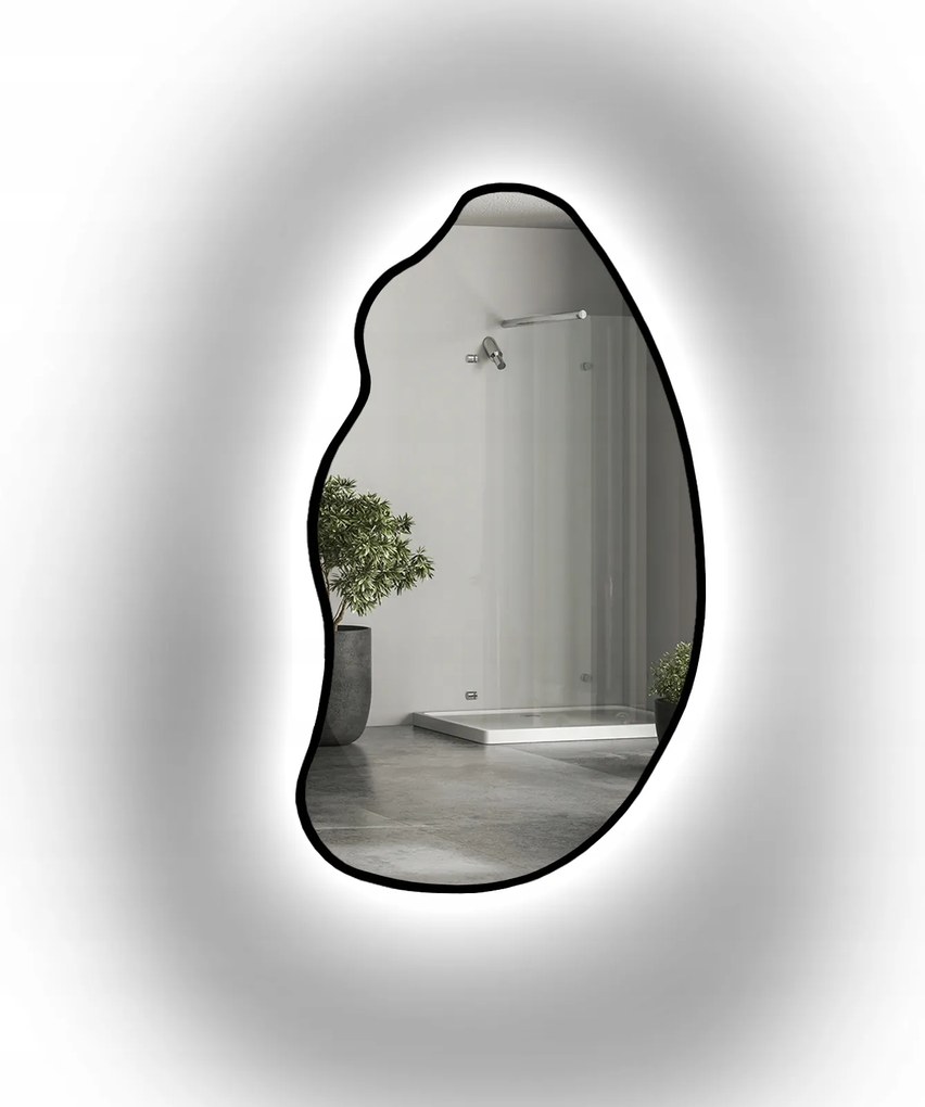 Organické zrkadlo Topaz v čiernom ráme Mdf s Led podsvietením 110x193