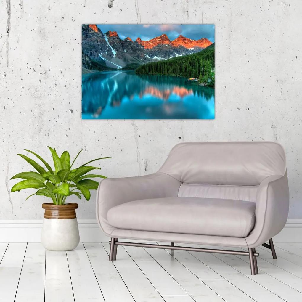 Sklenený obraz tyrkysového jazera (70x50 cm)
