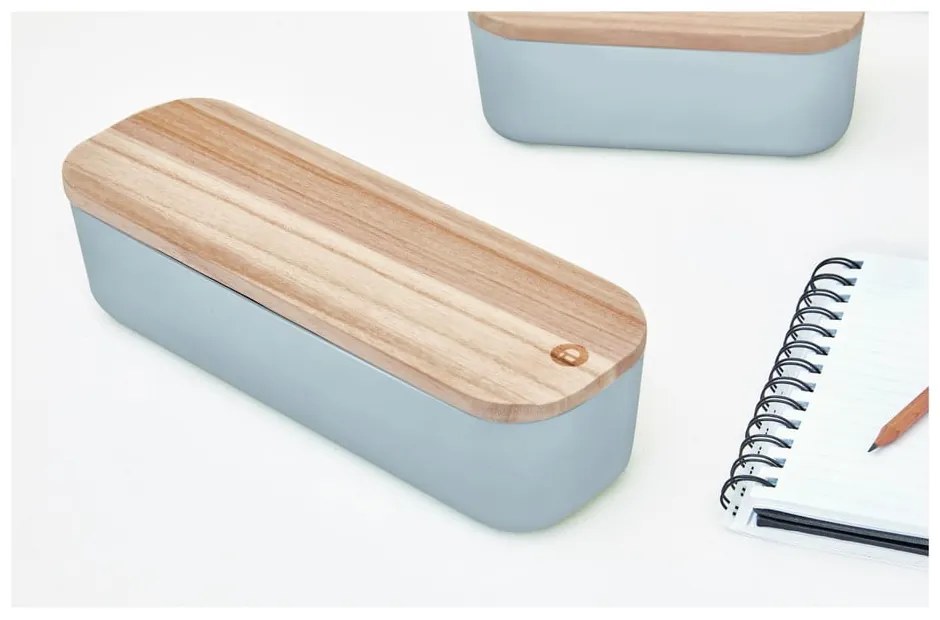 Sivý úložný box s vekom z dreva paulownia iDesign Eco, 9 x 27,5 cm