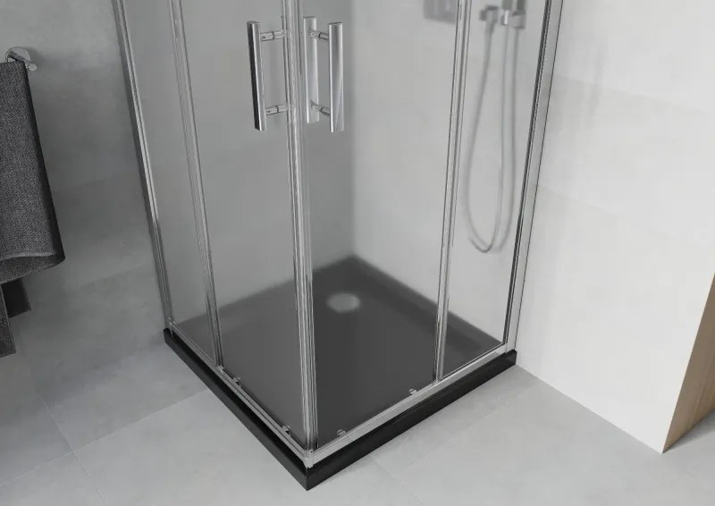 Mexen Rio, štvorcový sprchovací kút s posuvnými dverami 70(dvere) x 70(dvere) x 190 cm, 6mm sklo námraza, chrómový profil + čierna sprchová vanička SLIM, 860-070-070-01-30-4070