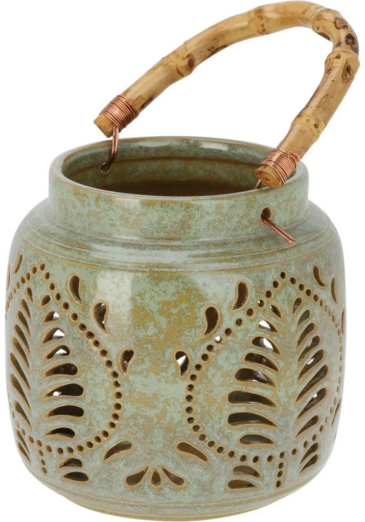 Lampáš porcelánový s bambusovým držadlom 14,5 x 14 cm, zelená
