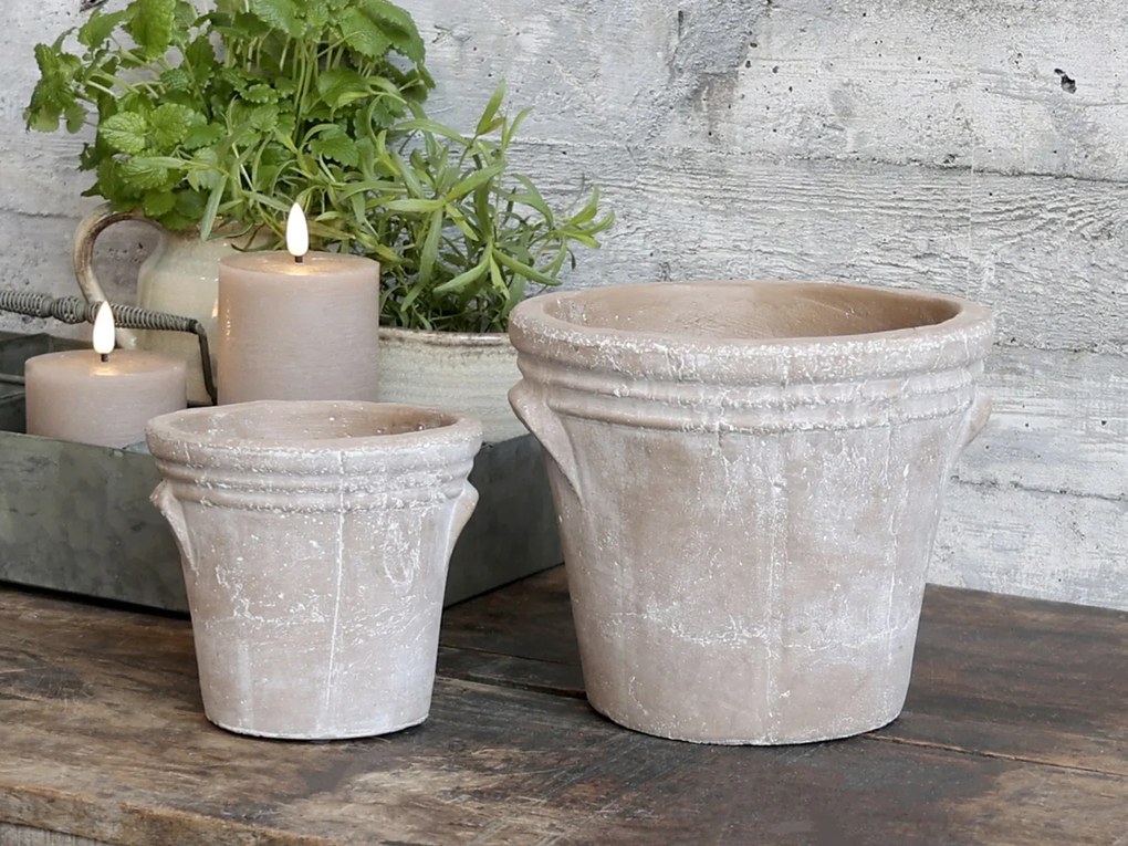 Prírodný antik cementový obal na kvetináč s uškami Tion - 13,5*13*12cm