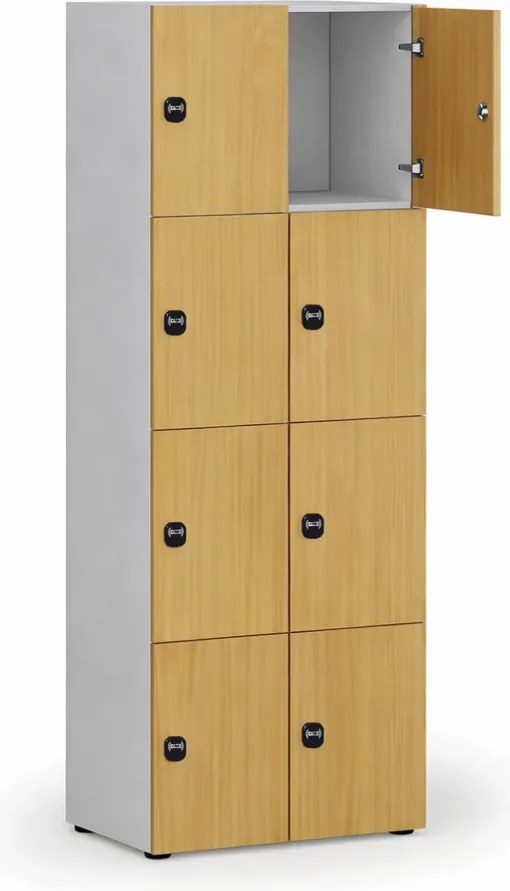 Drevená šatníková skrinka S4 s úložnými boxmi, 8 boxov, demont, RFID zámok, sivá/buk