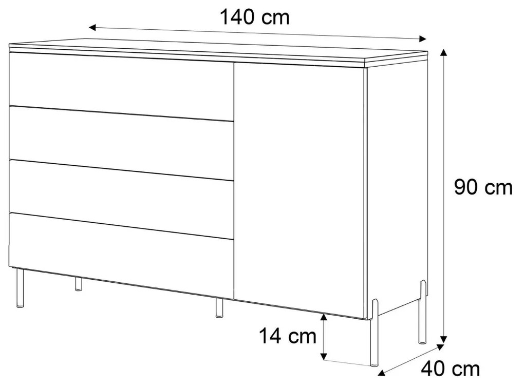 KOMODA NESSIE 2 NA NOŽIČKÁCH BIELY LESK + ZLATÁ 140 cm