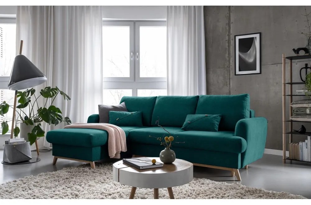 Tyrkysovomodrá rozkladacia/s úložným priestorom rohová pohovka (ľavý roh/s leňoškou) Scandic Lagom – Miuform