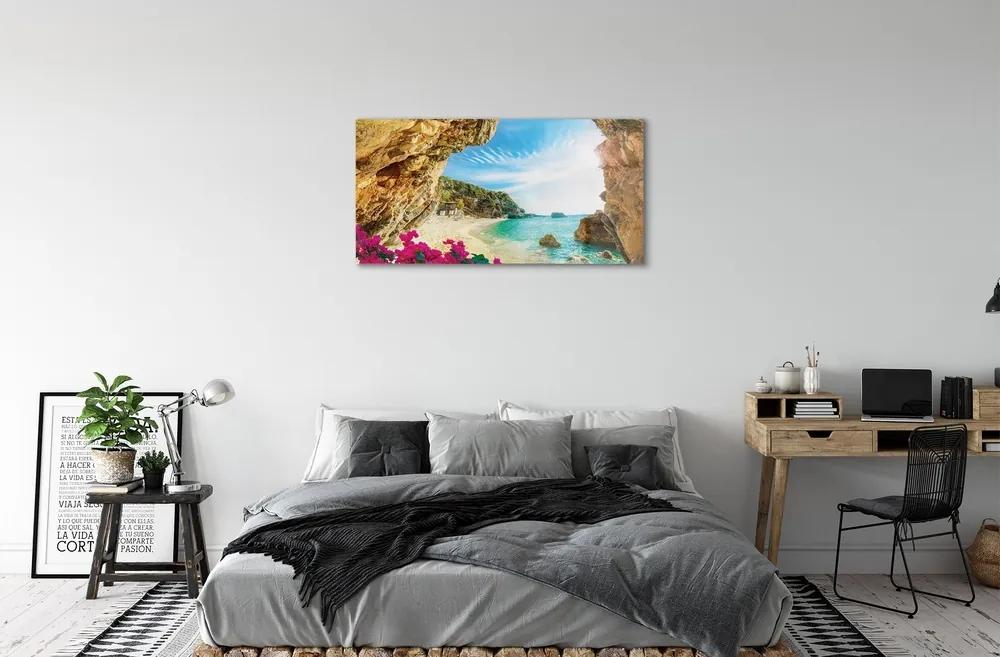 Sklenený obraz Grécko pobrežie útesy kvety 120x60 cm