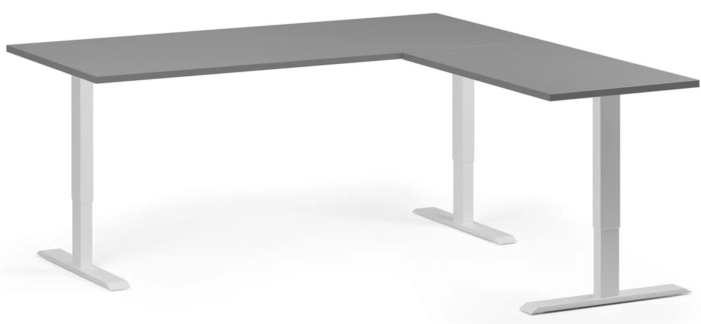 Výškovo nastaviteľný stôl, 180x180 cm, 3 motory, L/P, biela podnož, grafit