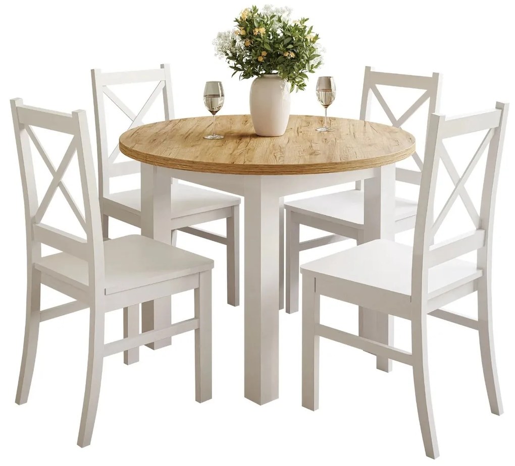 JEDÁLENSKÝ SET LORENA STÔL DUB CRAFT + 4 STOLIČKY BIELE 100 / 140 cm