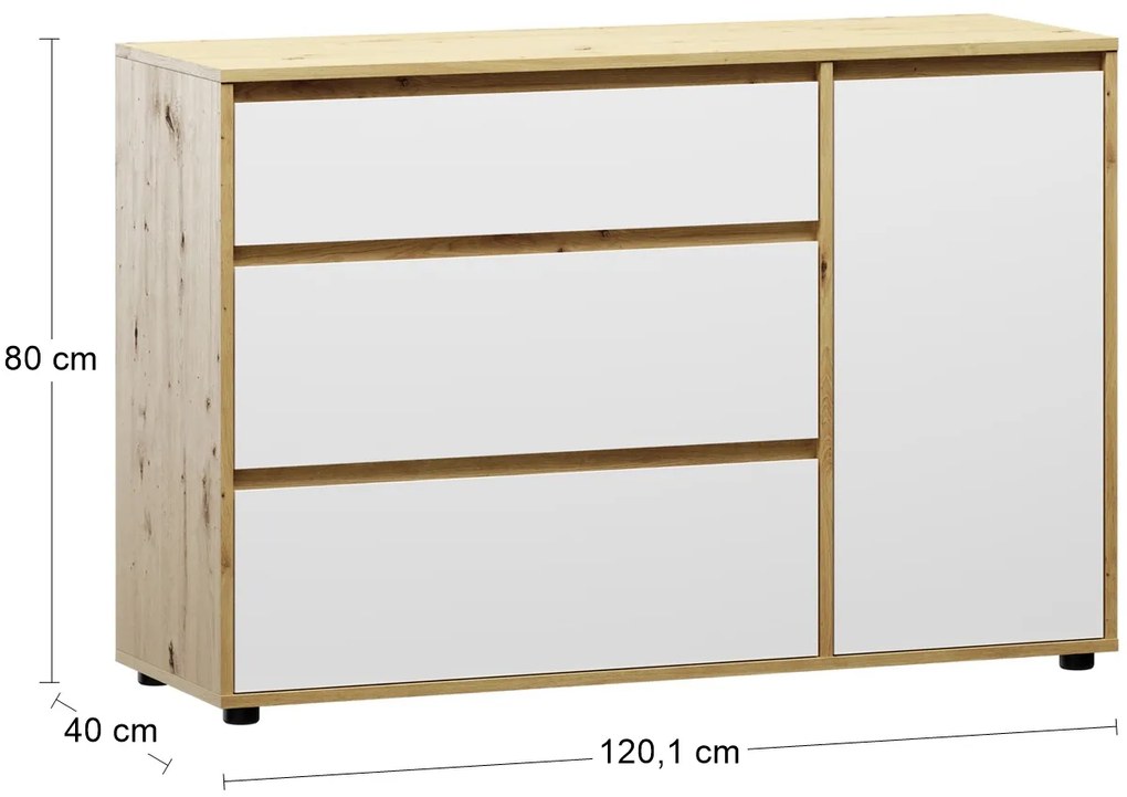 Komoda so zásuvkami Norman CH-1D/3DR - biela / dub wotan