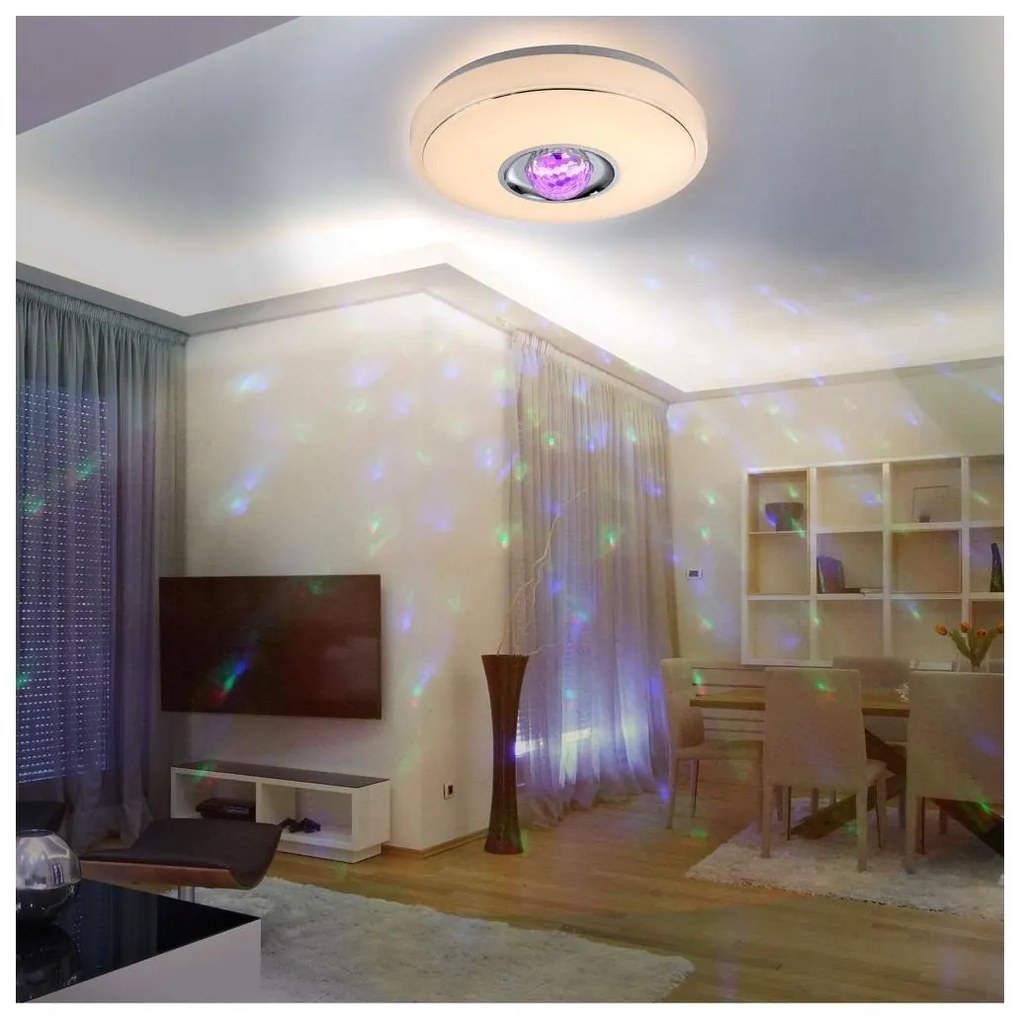 PLX Stropné LED MAGIC DISCO osvetlenie s diaľkovým ovládaním 18W, 38cm, 3000K + RGB, biele