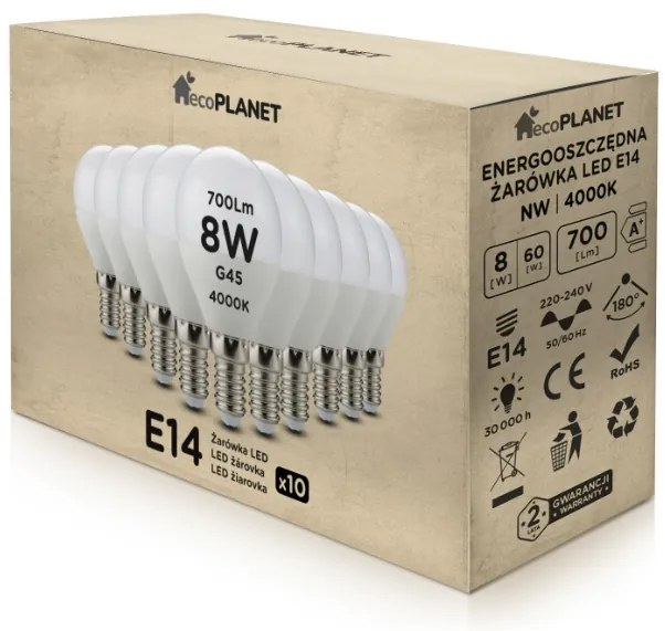 ecoPLANET 10x LED žiarovka E14 - G45 - 8W - 700lm - neutrálna biela