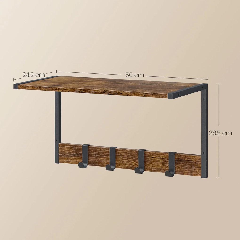 Nástenné plávajúce poličky 2 ks, s háčikmi, 50 x 24,2 x 26,5 cm, rustikálna hnedá