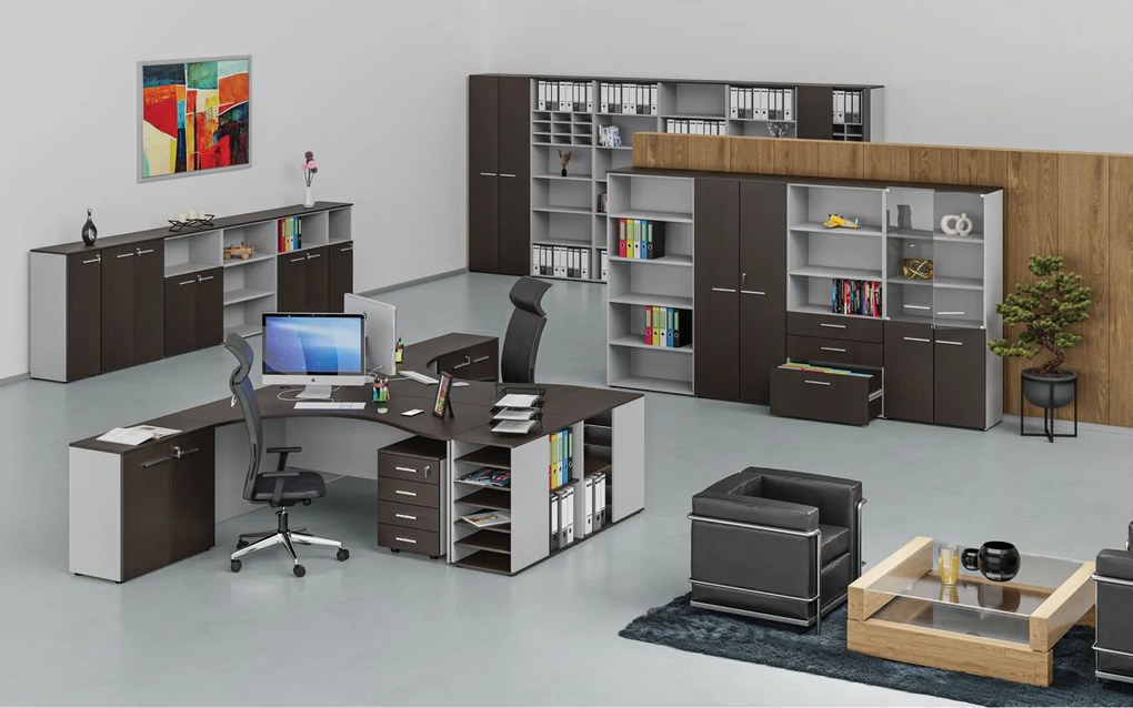 Rohový kancelársky písací stôl PRIMO GRAY, 160x120 cm, ľavý, sivá/wenge