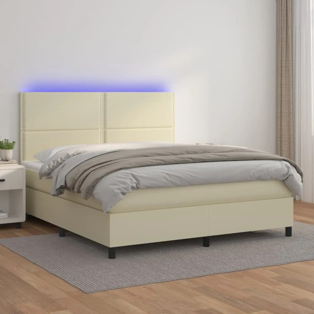 Boxspring posteľ s matracom a LED krémová 180x200 cm umelá koža 3135899