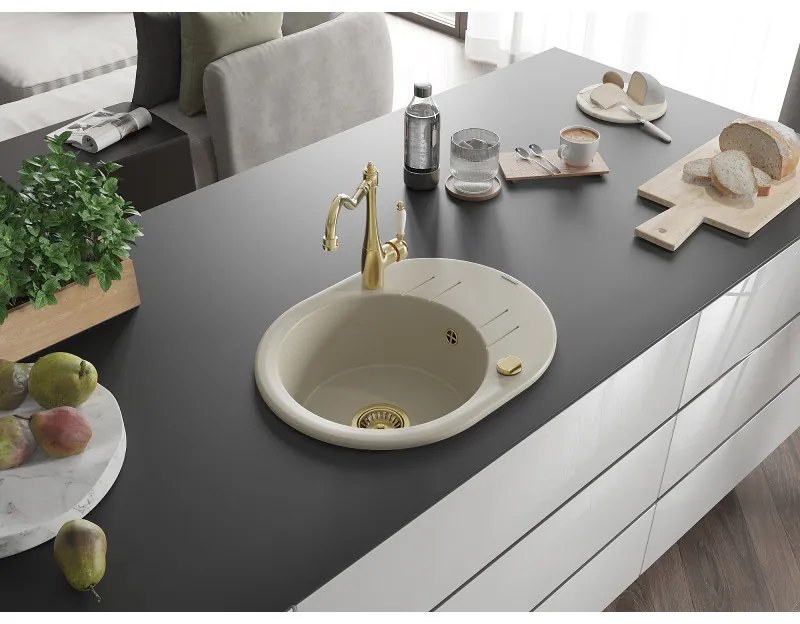 Mexen Kevin, drez granitový 586x458x190 mm, 1-komorový a drezová batéria Carla, béžová, 6517-69-670700-50
