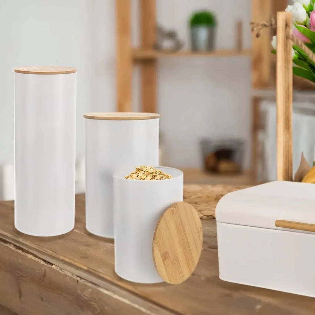 Orion Dóza na potraviny, plechová, biela, s bambusovým viečkom - 1,3l