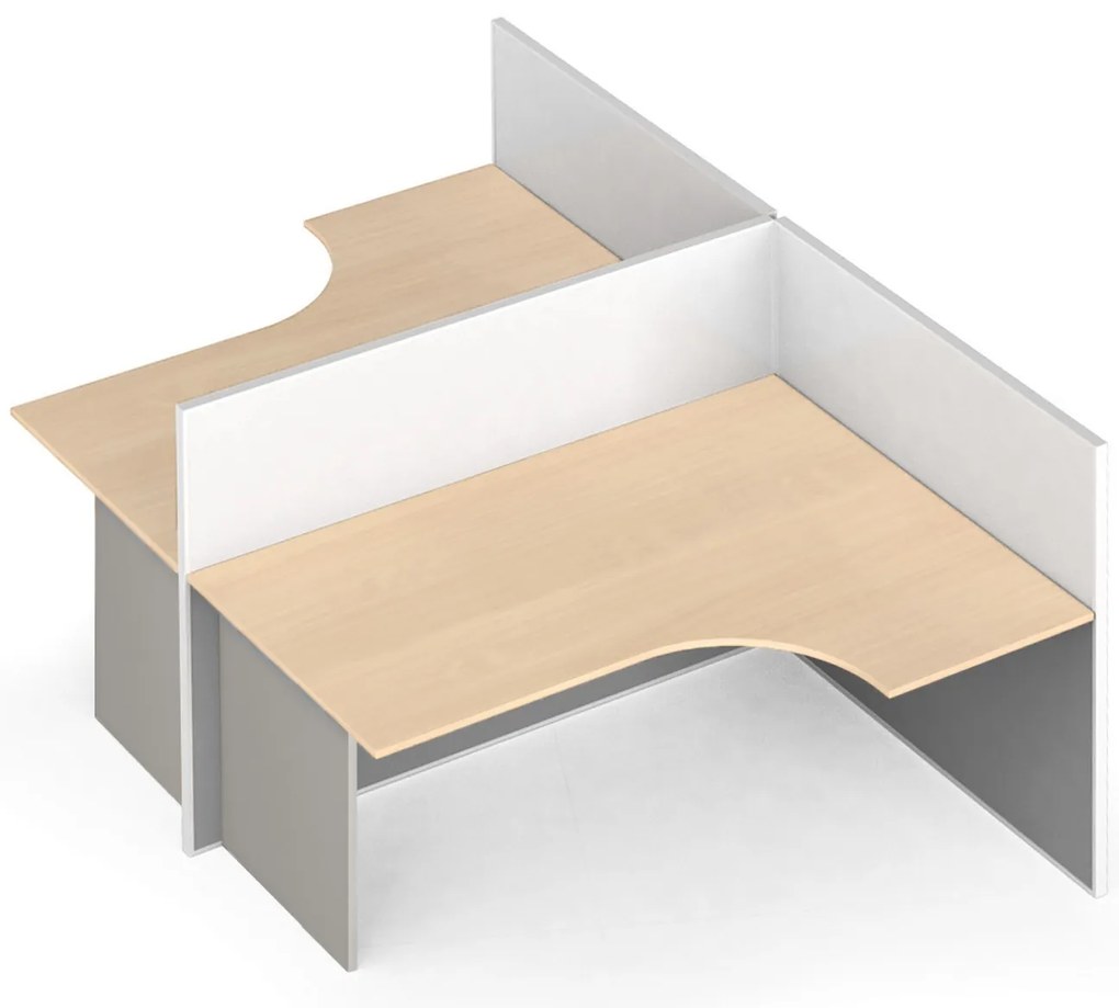 Rohový kancelársky písací stôl PRIMO s paravánmi, tvar T, magnetická tabuľa, 2 miesta, sivá/breza