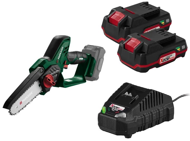 Parkside® Aku reťazová píla 20 V Paghs C3 + Akumulátor 20 V/2 Ah, 2 kusy + Nabíjačka na akumulátor 20 V/2,4 A (800011727)