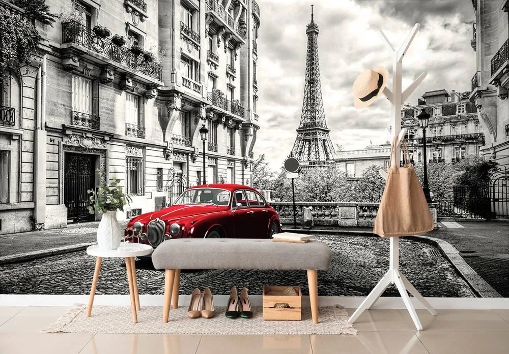 Samolepiaca fototapeta červené retro auto v Paríži - 150x100