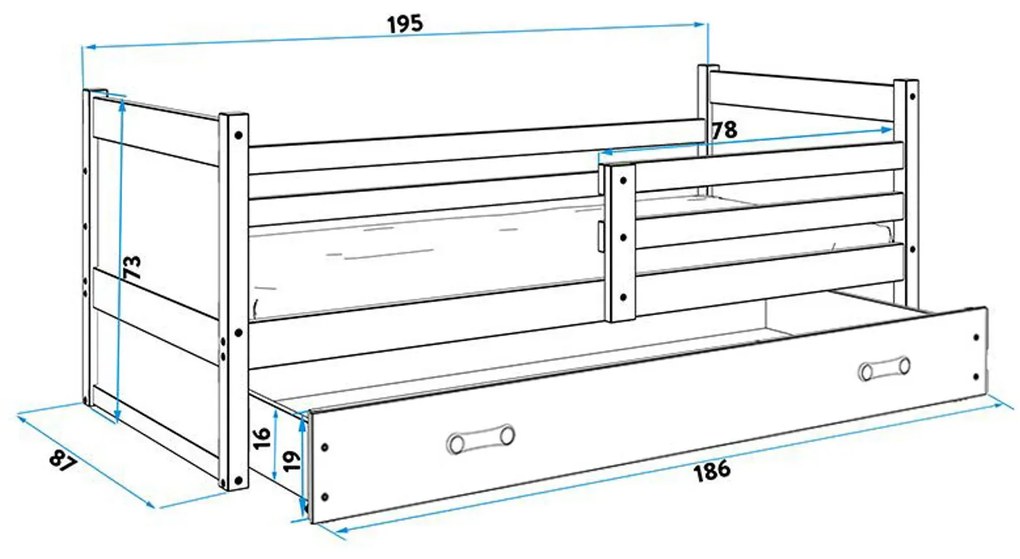 Detská posteľ RICO 190x80 cm Biela Sivá