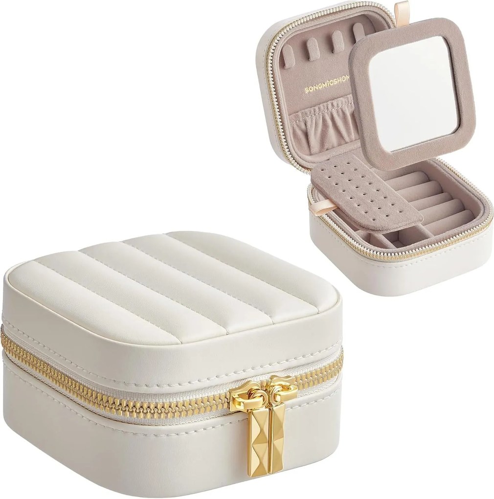 Cestovná šperkovnica ANAH, malý organizér na šperky so zrkadlom, biela