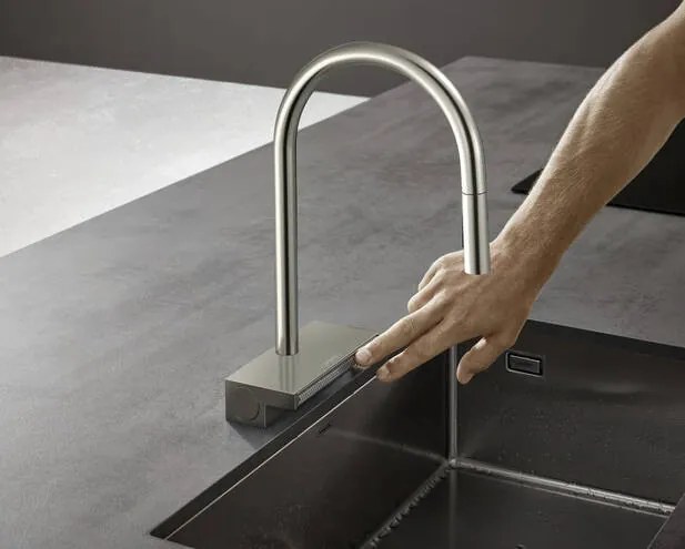 Hansgrohe M81, drezová batéria Aquno Select s výsuvnou koncovkou a plochým sprchovým prúdom, vzhľad nerezový, HAN-73837800