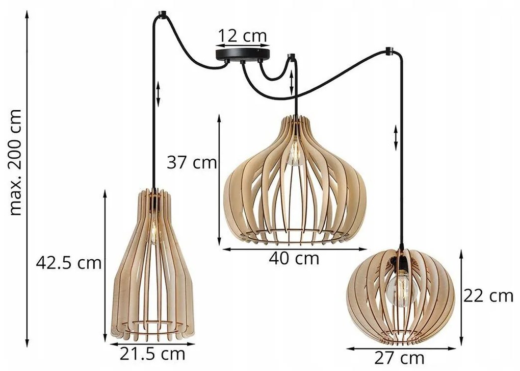 Závesné svietidlo TIMBER SPIDER 1, 3x drevené tienidlo (mix 3 tvarov)