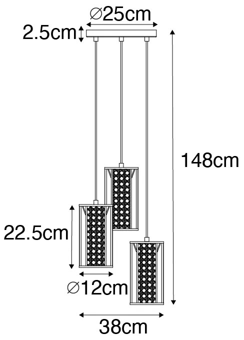 Orientálne závesné svietidlo čierne s ratanom 3-svetlo okrúhle - Akira