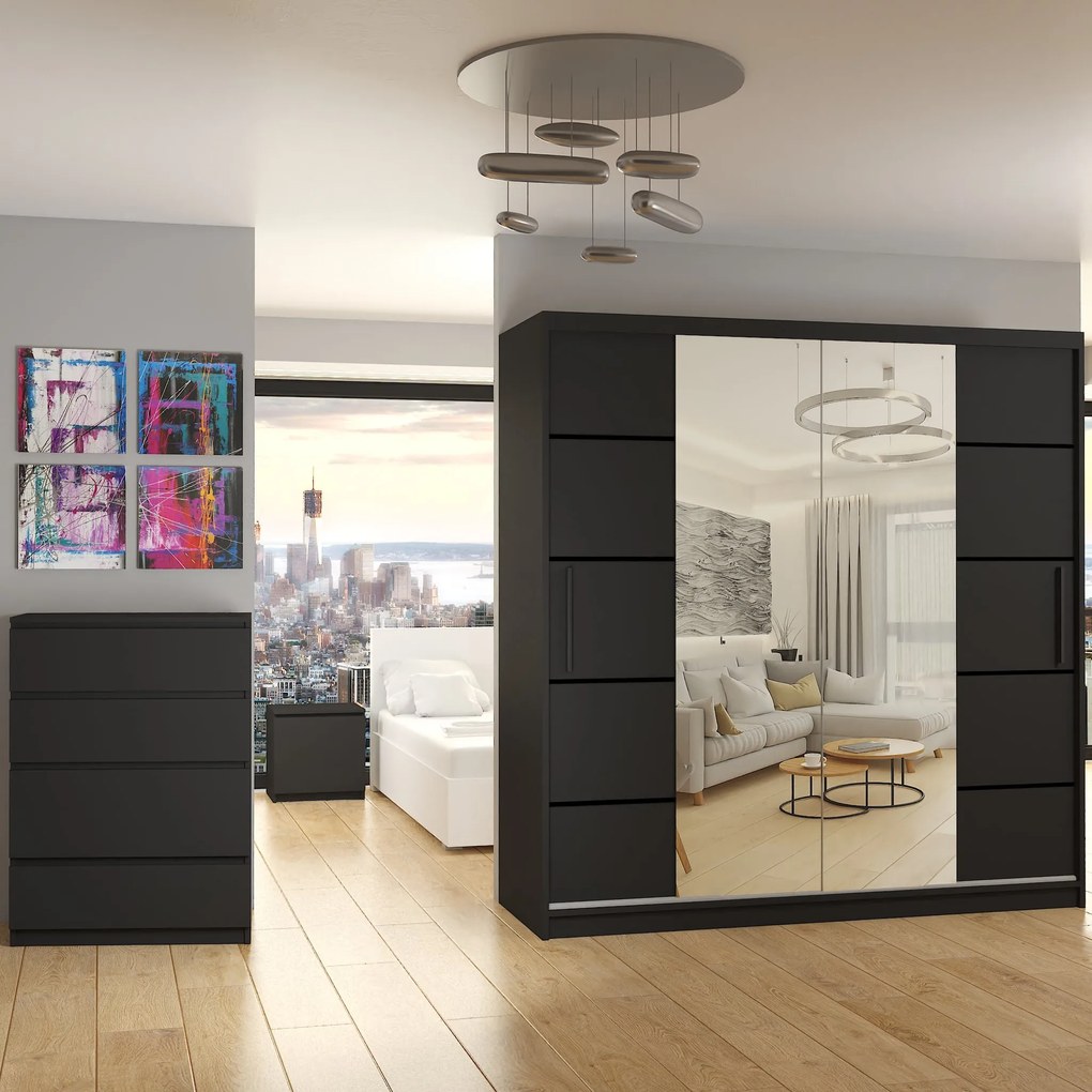 Šatníková skriňa 200 cm Belini čierny mat s posuvnými dverami zrkadlom a zásuvkami ME SZP5/1/B/B/0/KLP