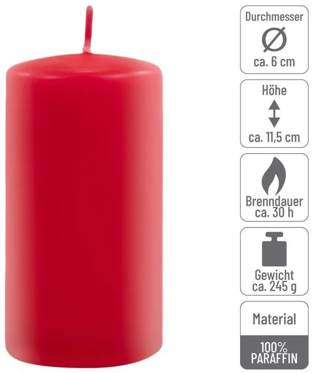 Sada stĺpových sviečok, 11,5 cm, Ø 6 cm, červená, 18 ks