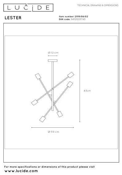 Lucide 21119/06/02 - Stropný luster na tyči LESTER 6xE27/40W/230V