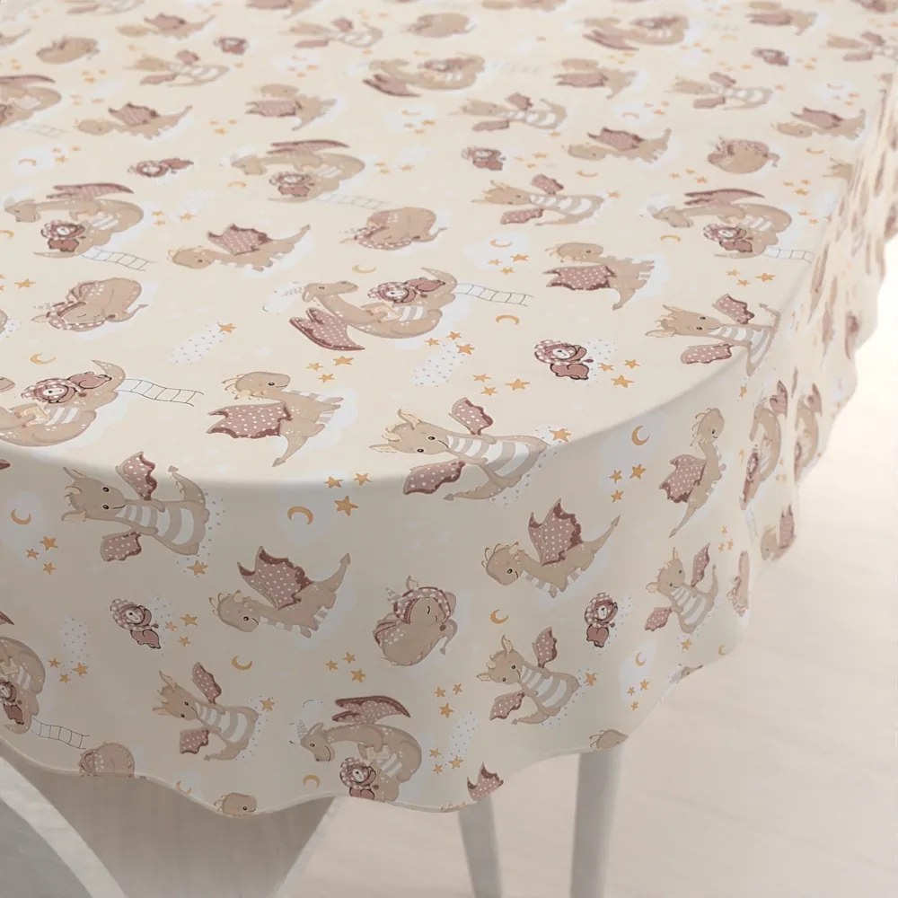 Biante Detský bavlnený oválny obrus Sandra SA-467 Dráčikovia na žltobéžovom 60x100 cm