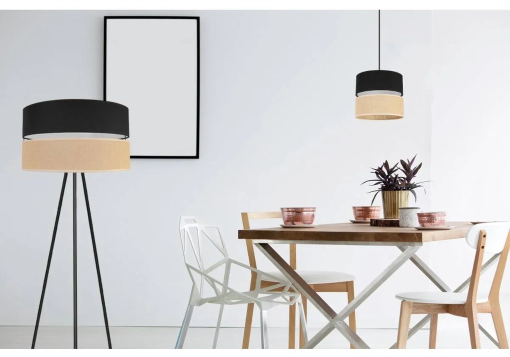 Stojacia lampa Juta, 1x jutové/čierne textilné tienidlo, m, b