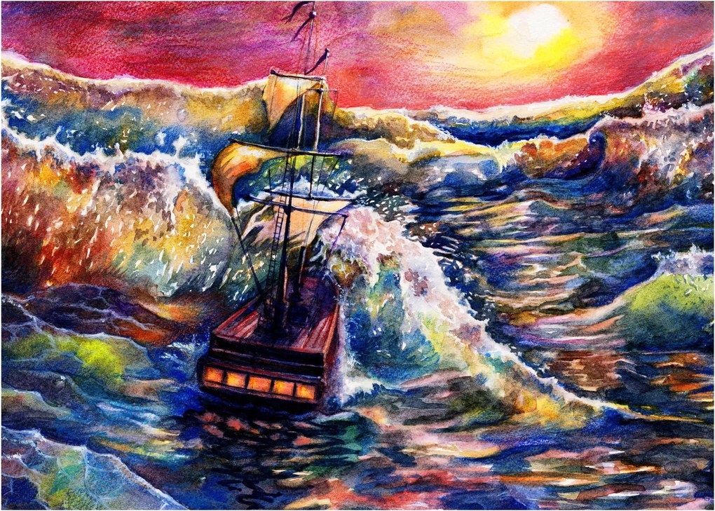 Obraz - Loď na oceánskych vlnách, aquarel (70x50 cm)
