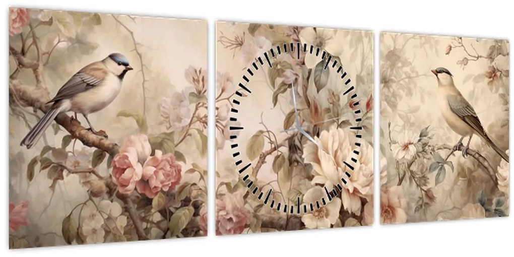 Obraz - Vintage maľba vtáčikov (s hodinami) (90x30 cm)
