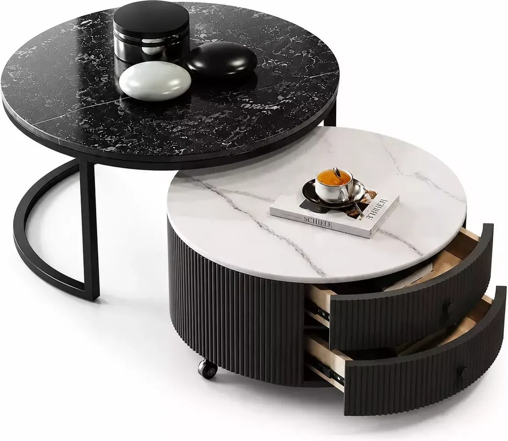 LuxuryForm DESIGN Konferenčný stolík ROYAL 80 / 60 cm – čierno-biely mramorový dekor (set 2 ks)