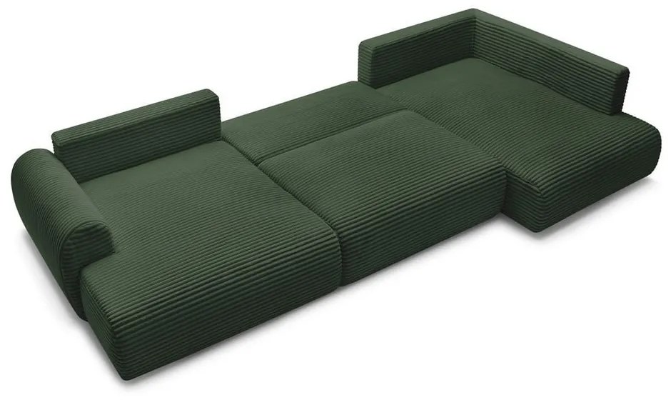 Tmavozelená menčestrová rozkladacia/s úložným priestorom rohová pohovka (pravý roh/do tvaru "U") Lucien – Bobochic Paris