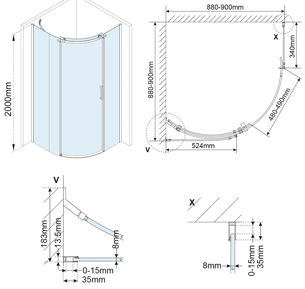 Polysan Polysan, THRON SQUARE štvrťkruhová sprchová zástena 900x900mm, číre sklo, ľavá, TL2690-5002