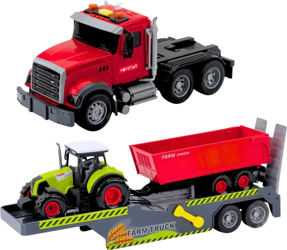 LEAN Toys Sada ťahač traktor s prívesom, svetlá a zvuky, červená