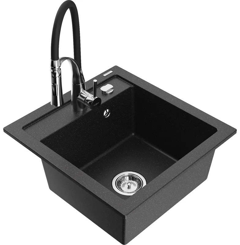 Mexen Vito, 1-komorový granitový drez 490x520x210 mm a drezová batéria Aster, čierna-strieborná metalíza, 6503-73-73450-07