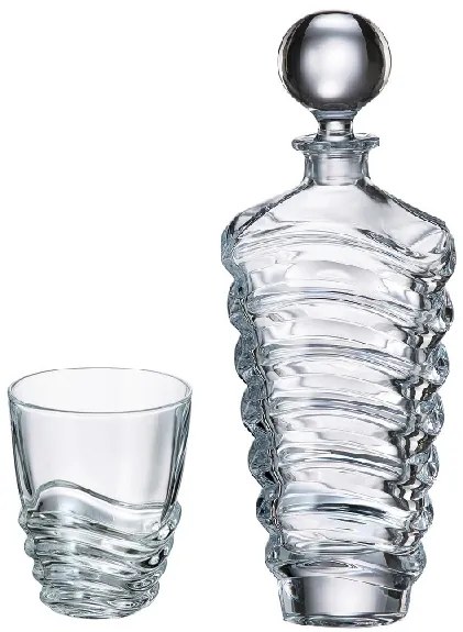 Sklenená fľaša na whisky a sada pohárov, Crystalite Bohemia, WAVE (6+1)