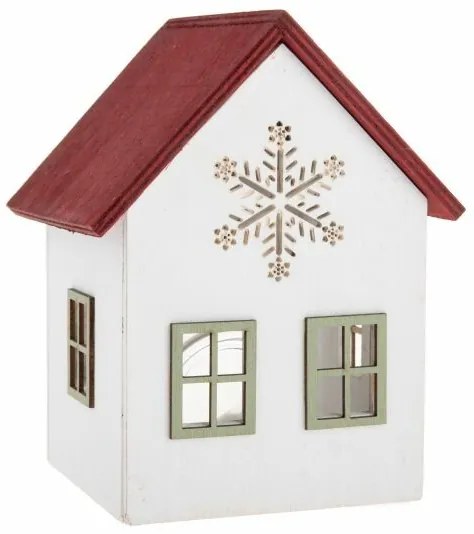 Drevený svietnik so skleneným domčekom so snehovouvločkou, 15 cm, červený