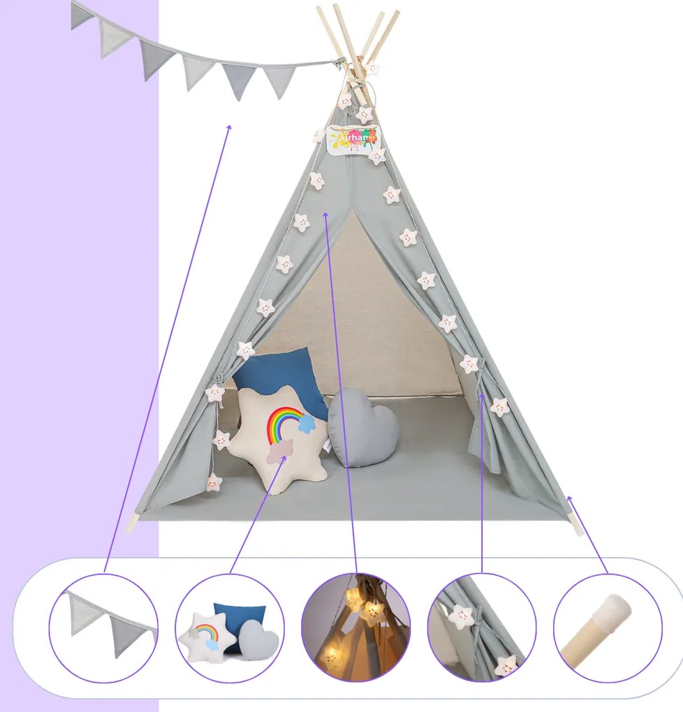 Jurhan Detský stan teepee JULIUS, 120x120x160cm, šedá/modrá