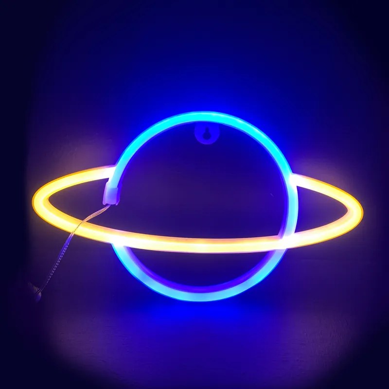 ACA Lighting Neónová lampička - Saturn, 3x AA batérie/USB kábel, IP20, modrá + žltá farba