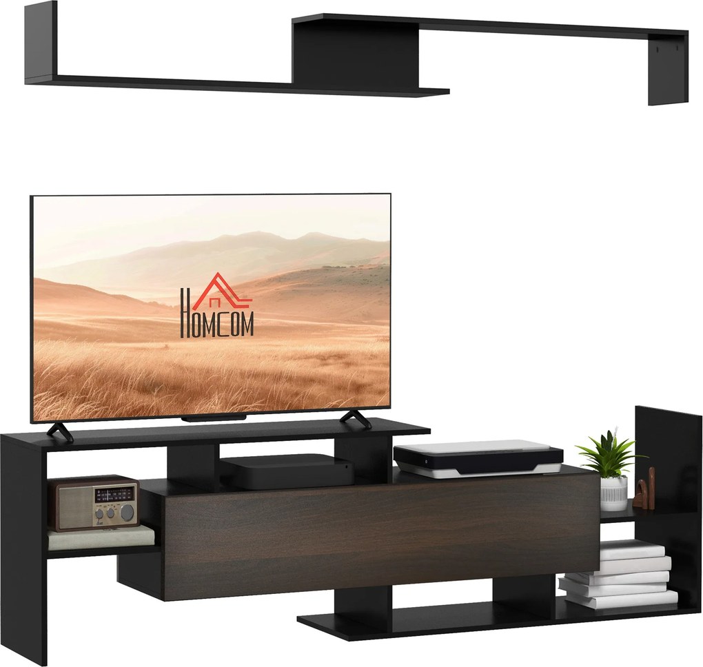 Súprava nábytku do obývačky HOMCOM - TV stolík pre televízory do 165 cm alebo konzolu pre televízory do 102 cm s TV stolíkom 153,6x25x42 cm a nástenno