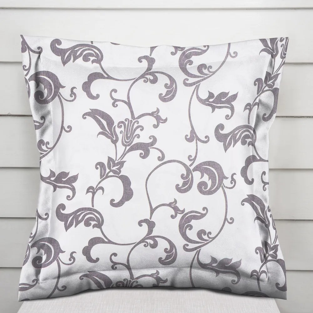 Biante Bavlnená obliečka na vankúš s lemom Sandra SA-184 Sivé kvetované ornamenty na bielom 40 x 60 cm