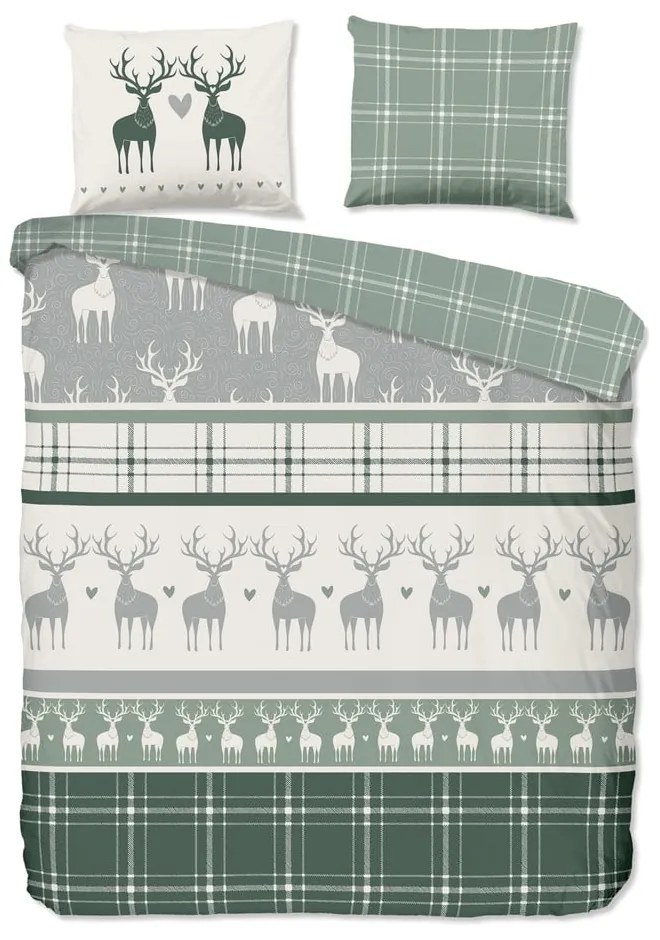 Zeleno-krémové predĺžené flanelové obliečky na dvojlôžko 200x220 cm Bjirk – Good Morning