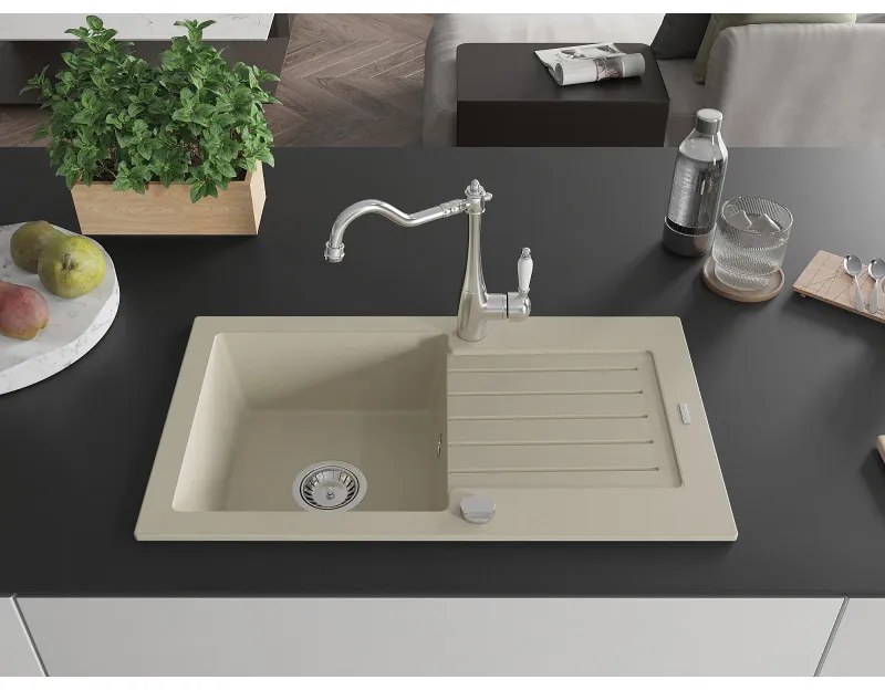 Mexen Pablo, granitový drez 752x436x161 mm, 1-komorový a drezová batéria Carla, béžová, 6510-69-670700-00