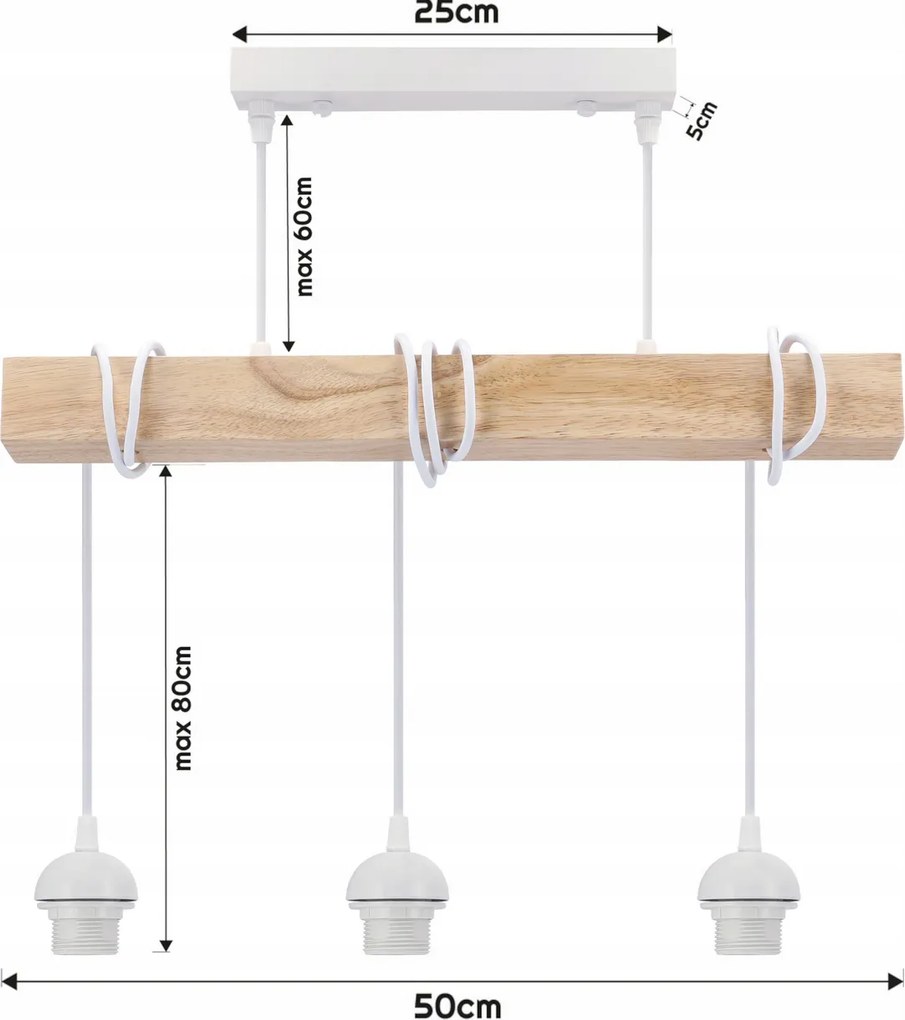 BERGE LED závesné stropné svietidlo, drevený trám, 3xE27, loft, brilantné drevo - biela