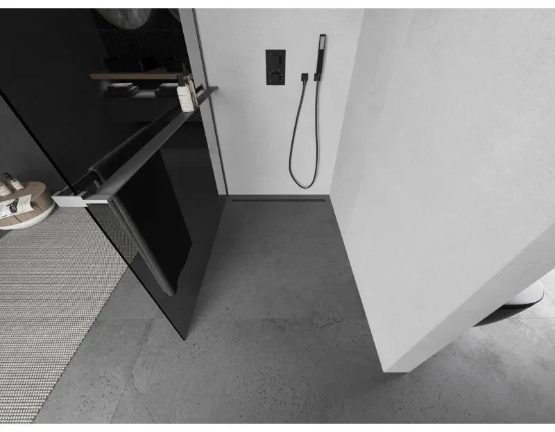 Mexen Kioto+, sprchová zástena Walk-In s poličkou a vešiakom 80 x 200 cm, 8mm šedé sklo, grafitový profil, 800-080-121-95-40
